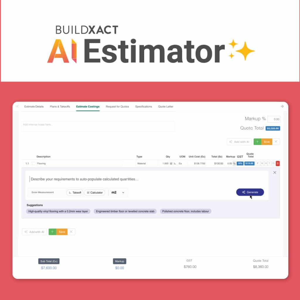 A screenshot of Buildxact’s AI Calculator for estimating