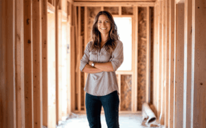 Smiling female standing on a construction site