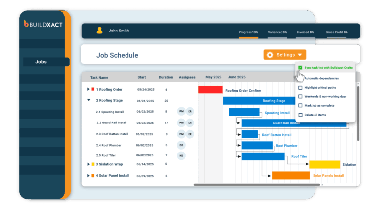 Buildxact job schedule screen displaying a Gantt chart of roofing tasks with timelines, assignees, and progress indicators, alongside a settings dropdown showing options like syncing tasks, automatic dependencies, and highlighting critical paths.