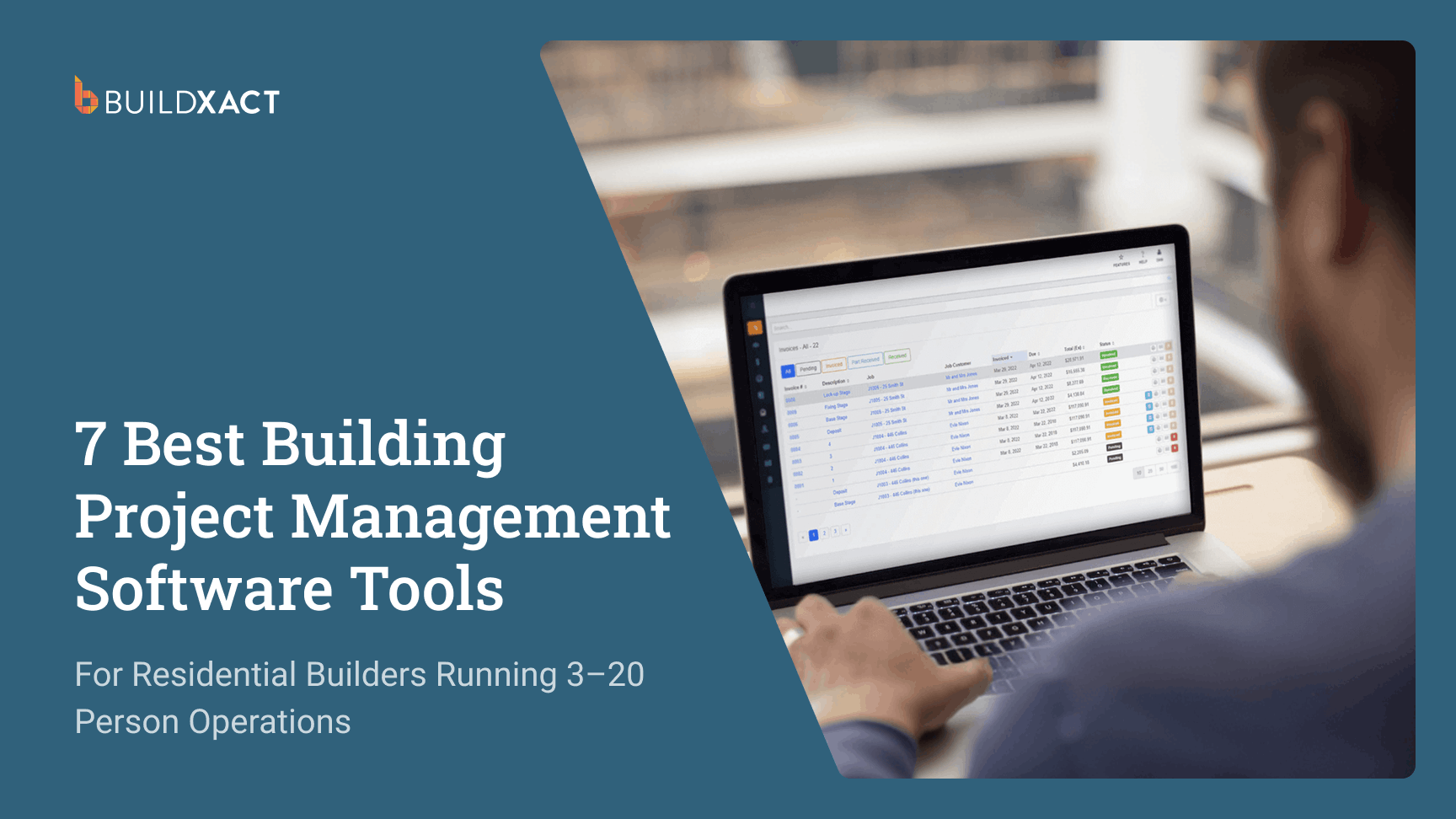 Residential builder reviewing project budget and job costs on a laptop during an active build