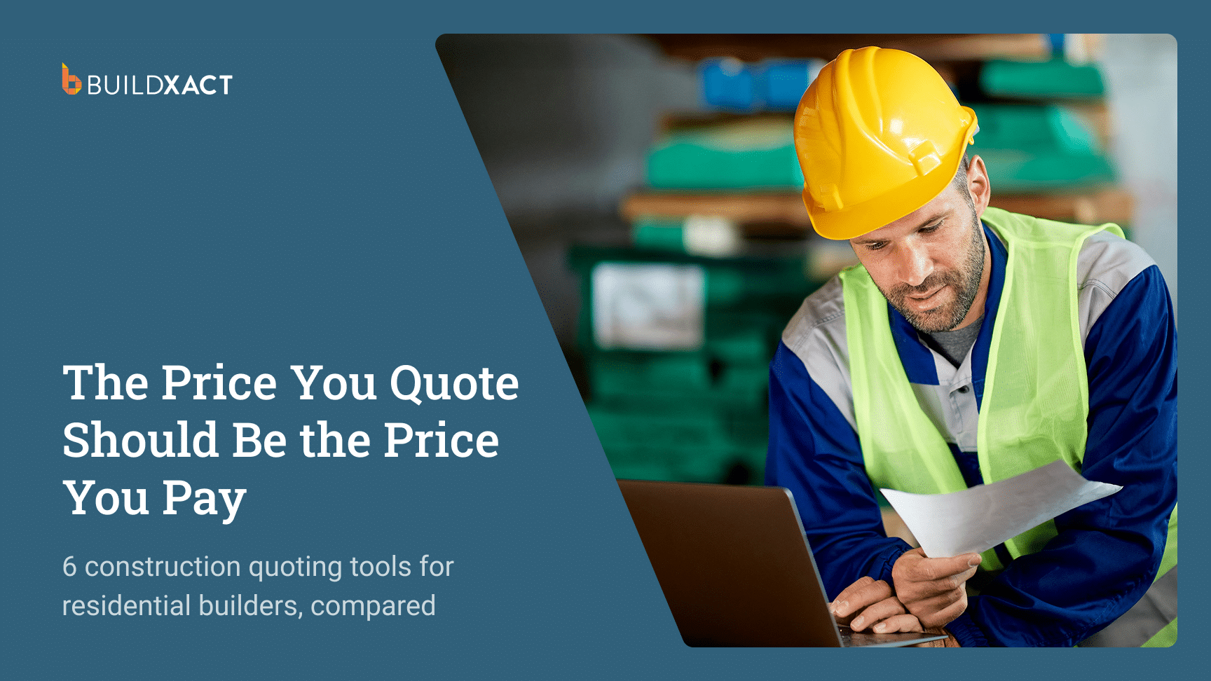 A residential builder reviewing a construction quote on a laptop at a job site, with the quoted price matching the dealer’s total.