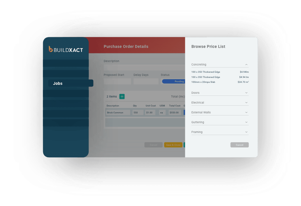 A stylised look at the variation feature and price list option in Buildxact