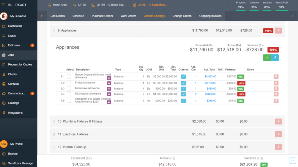 The Buildxact cost tracking screen