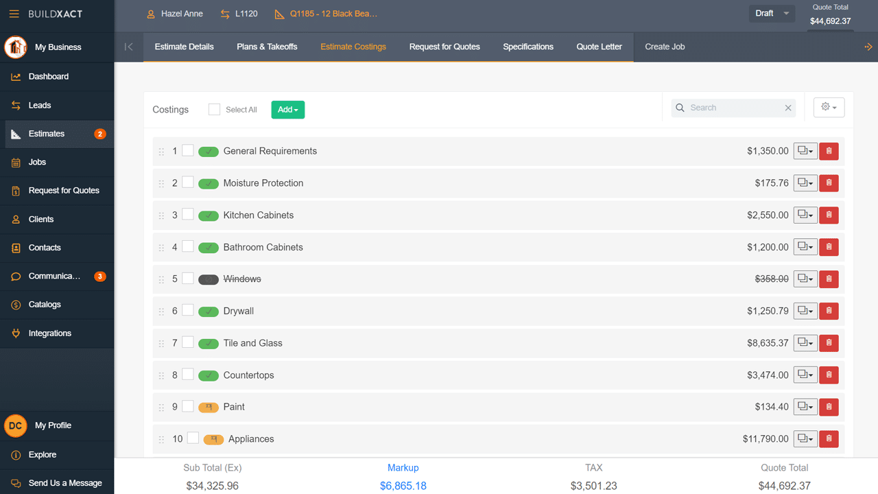 A look at the estimating screen in Buildxact