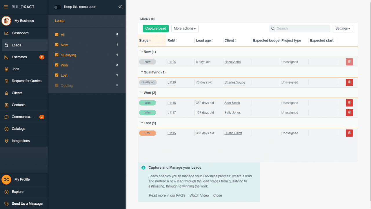 A look at the Buildxact lead management feature