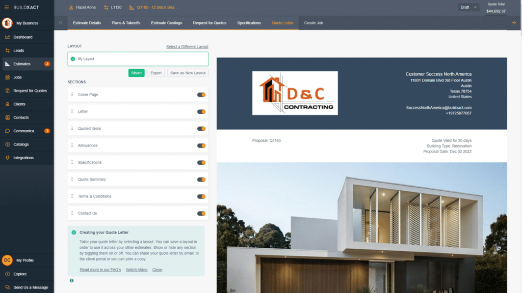 A look at Buildxact's custom quote letter feature