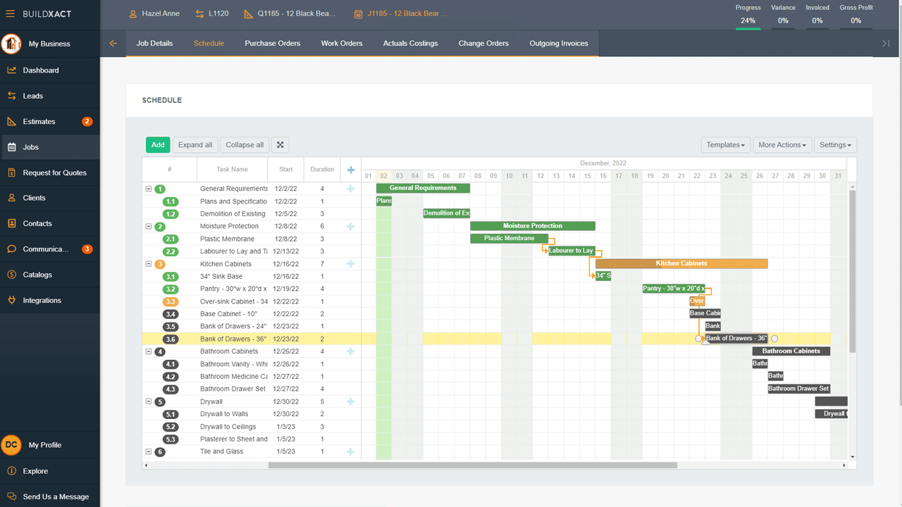 The Buildxact scheduling screen