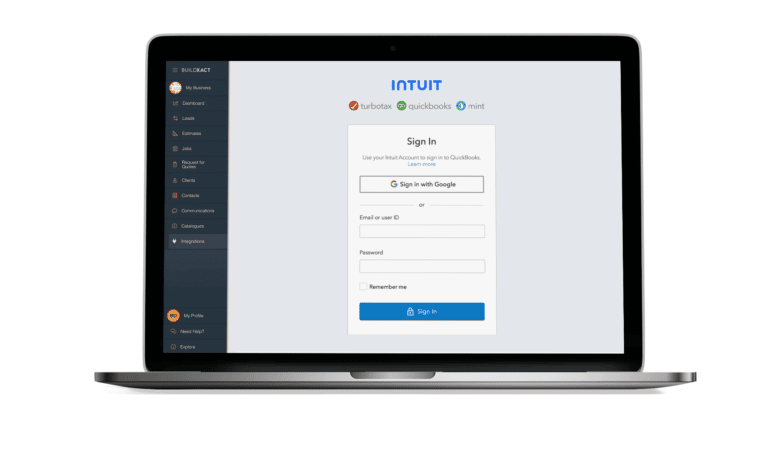 A look at the Intuit integration screen in Buildxact on a laptop