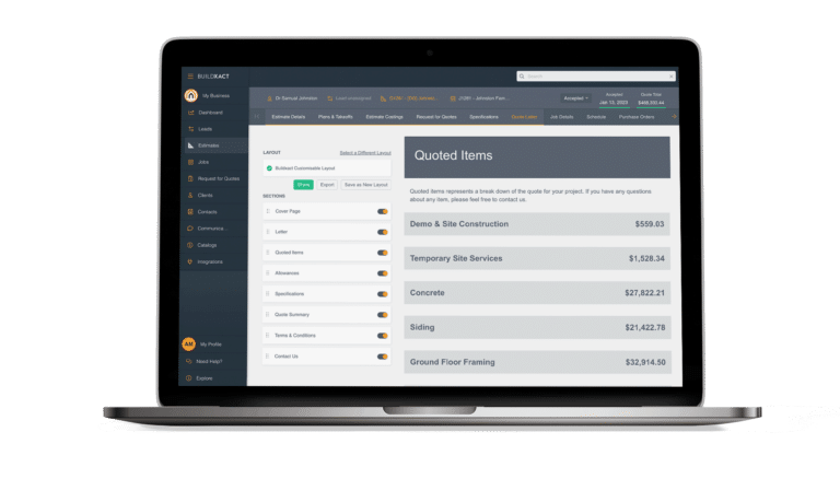 The Buildxact quoting feature showing quoted items in a laptop