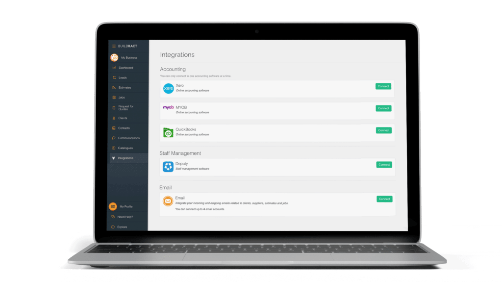 The Buildxact accounting software integration feature screen in a laptop