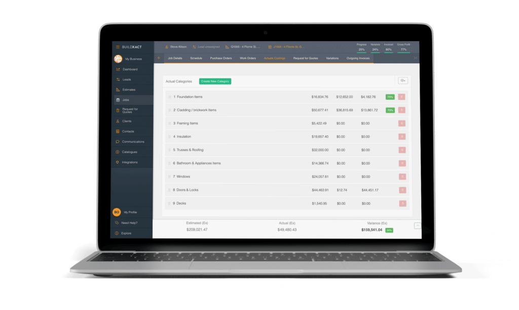 Buildxact's cost tracking categories screen in a laptop