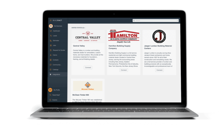 The dealer integration options with Buildxact in a laptop screen