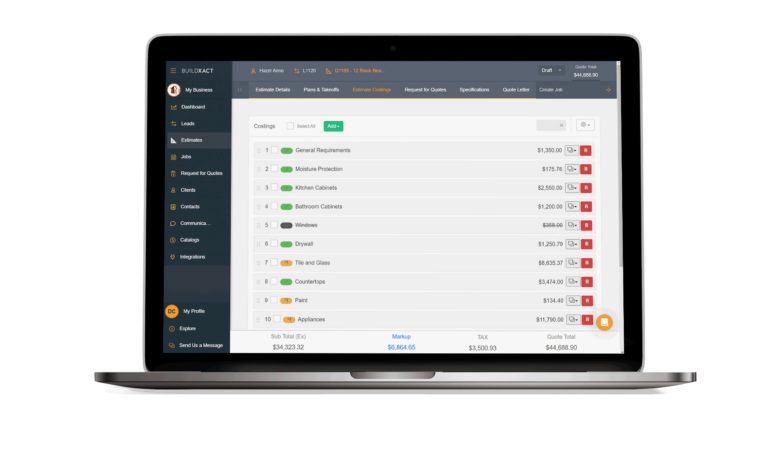 A look at the Buildxact estimate costings screen in a laptop