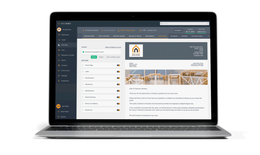 Buildxact's custom quote letter feature in a laptop screen