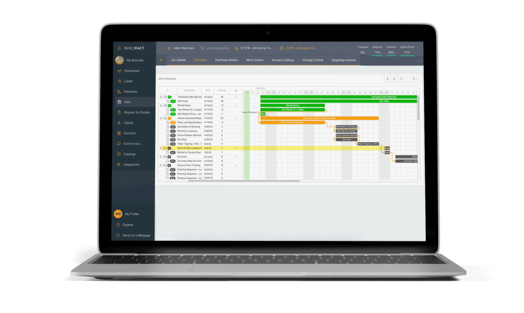 A look at the Buildxact scheduling screen in a laptop