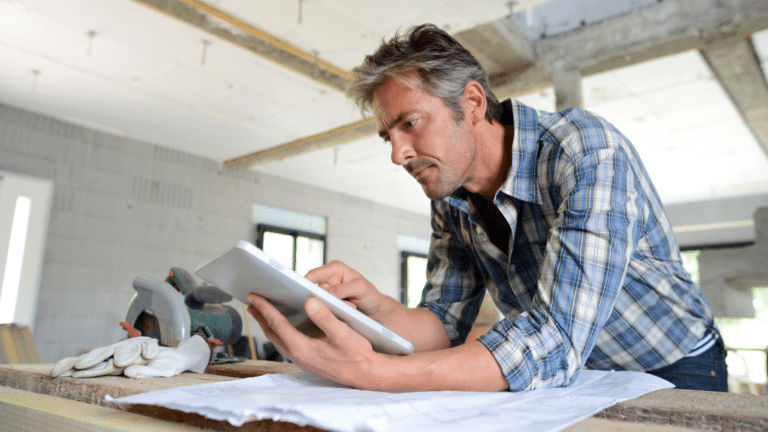 a home builder checks his project schedule using a internet device.