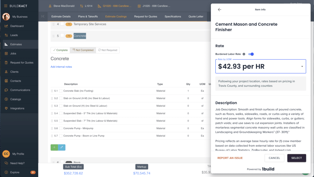 A Buildxact screenshot showing 1build pricing assistant