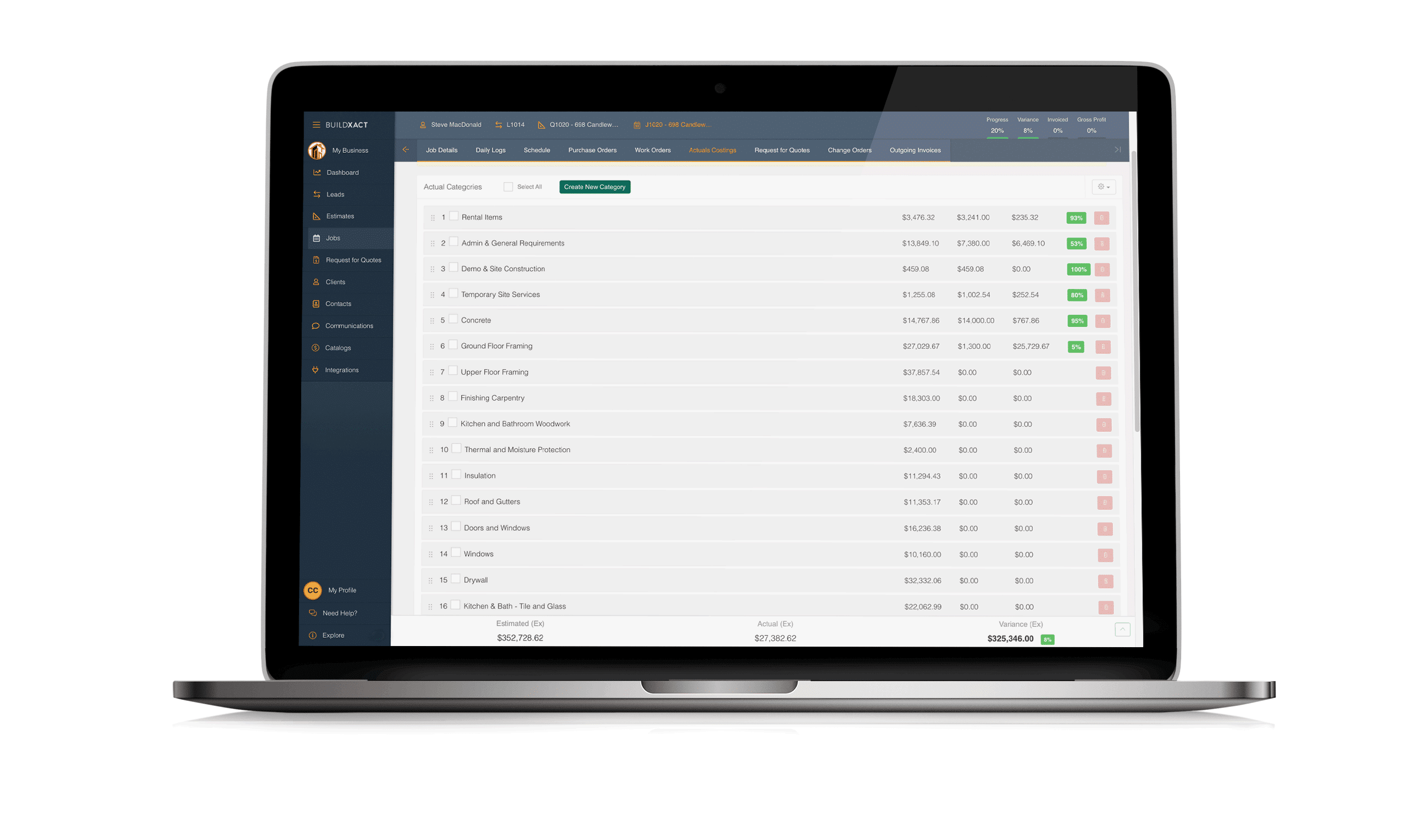 an actual costings budget report from Buildxact