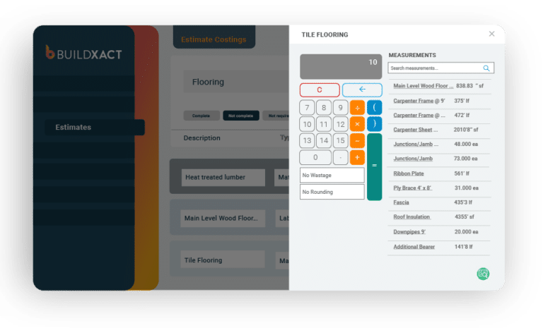 A list of reusable measurements is displayed within Buildxact