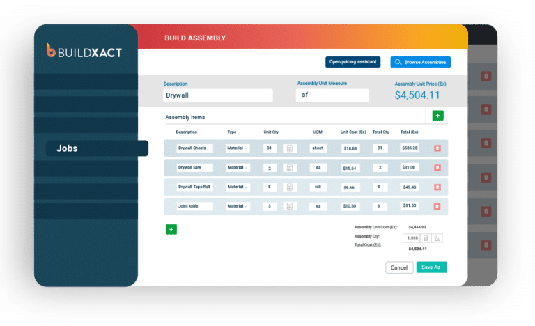 A Buildxact conceptual screen showing how estimating materials is quick and easy.