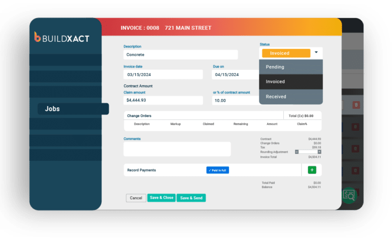 A customer invoice is displayed in Buildxact