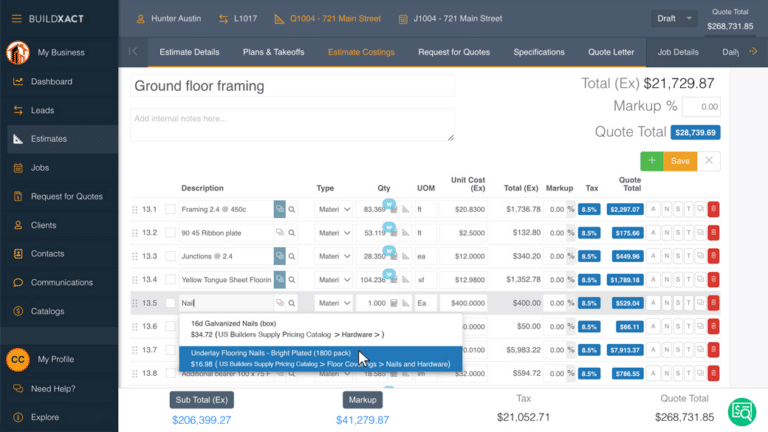 a screenshot of a Buildxact estimate