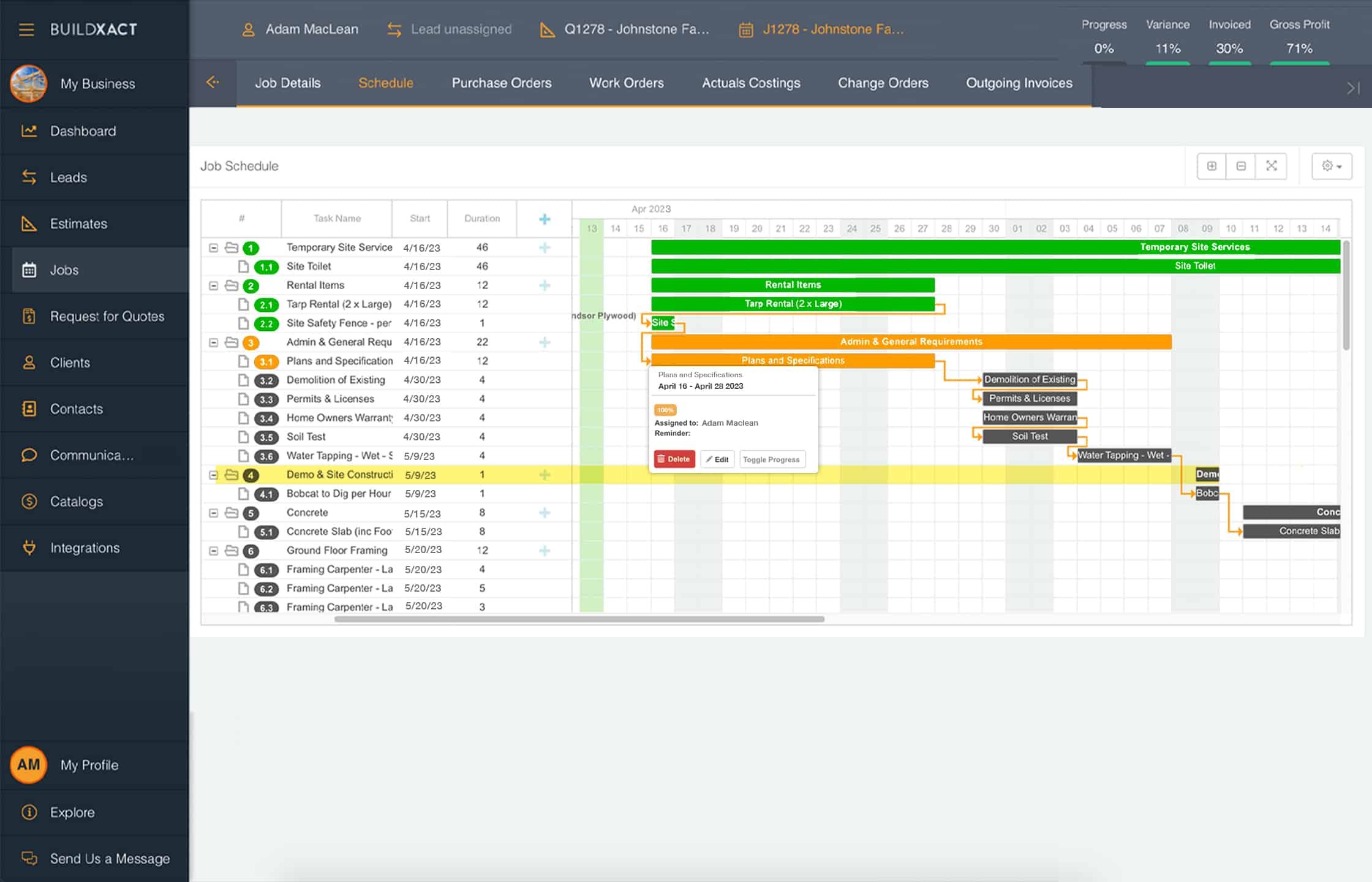 A screenshot of a Buildxact Gantt chart