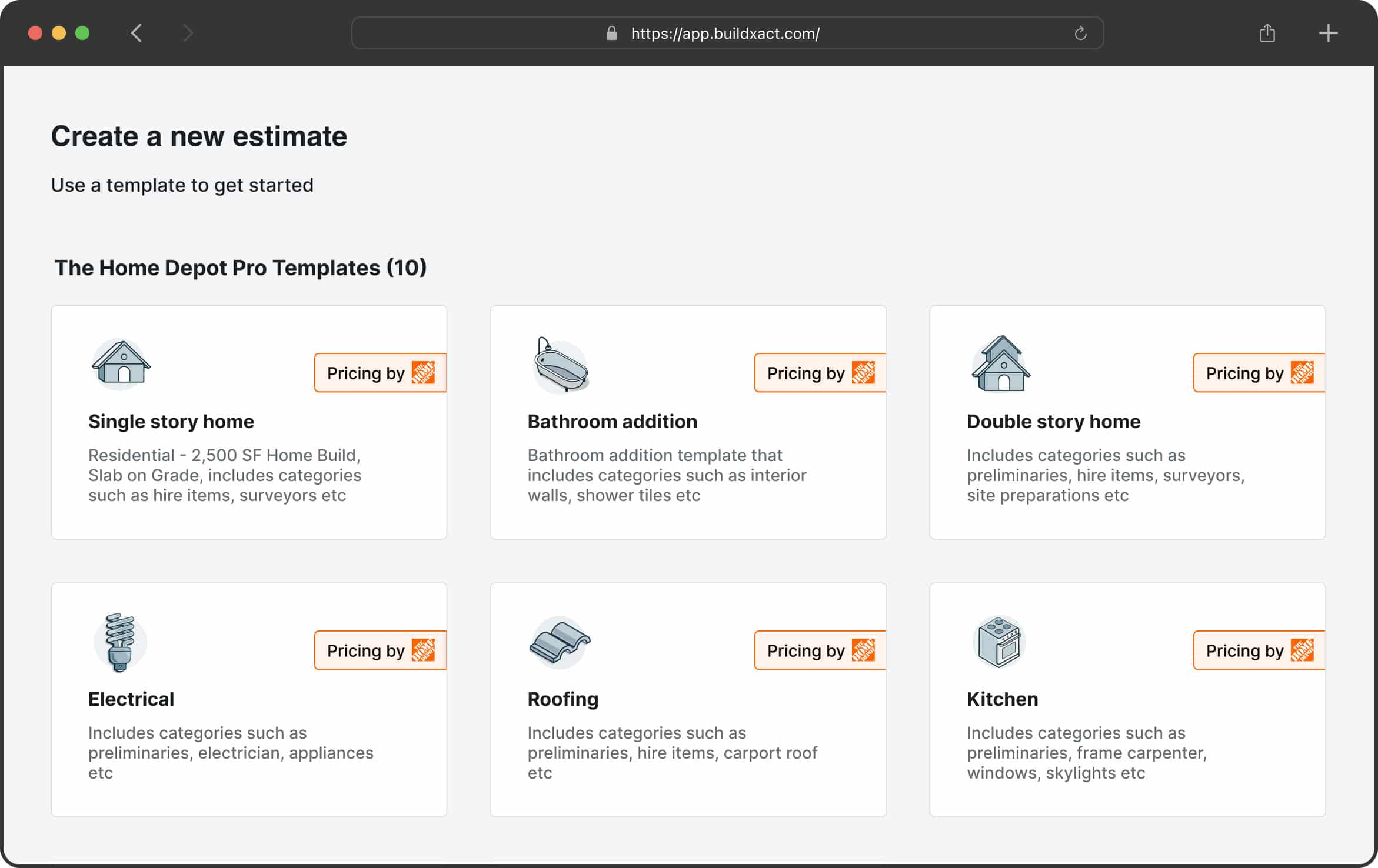 Pricing by Home Depot templates displayed in ?Buildxact