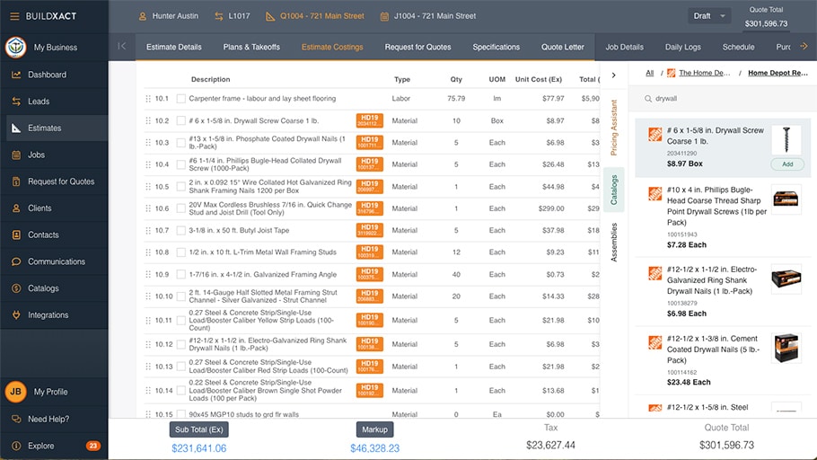 A Buildxact estimate using Home Depot live pricing