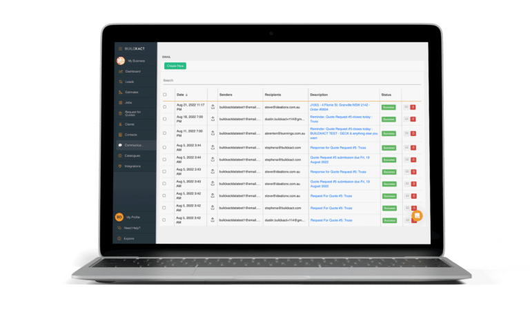 A laptop displays Buildxact’s lead management feature