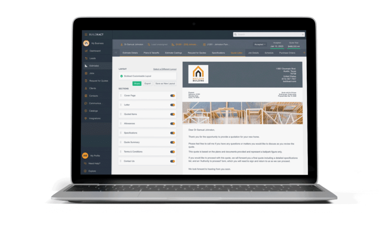 A laptop displays Buildxact’s customer quote tool