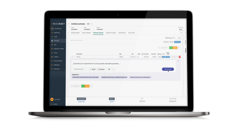 A screenshot of Buildxact’s estimator using AI technology