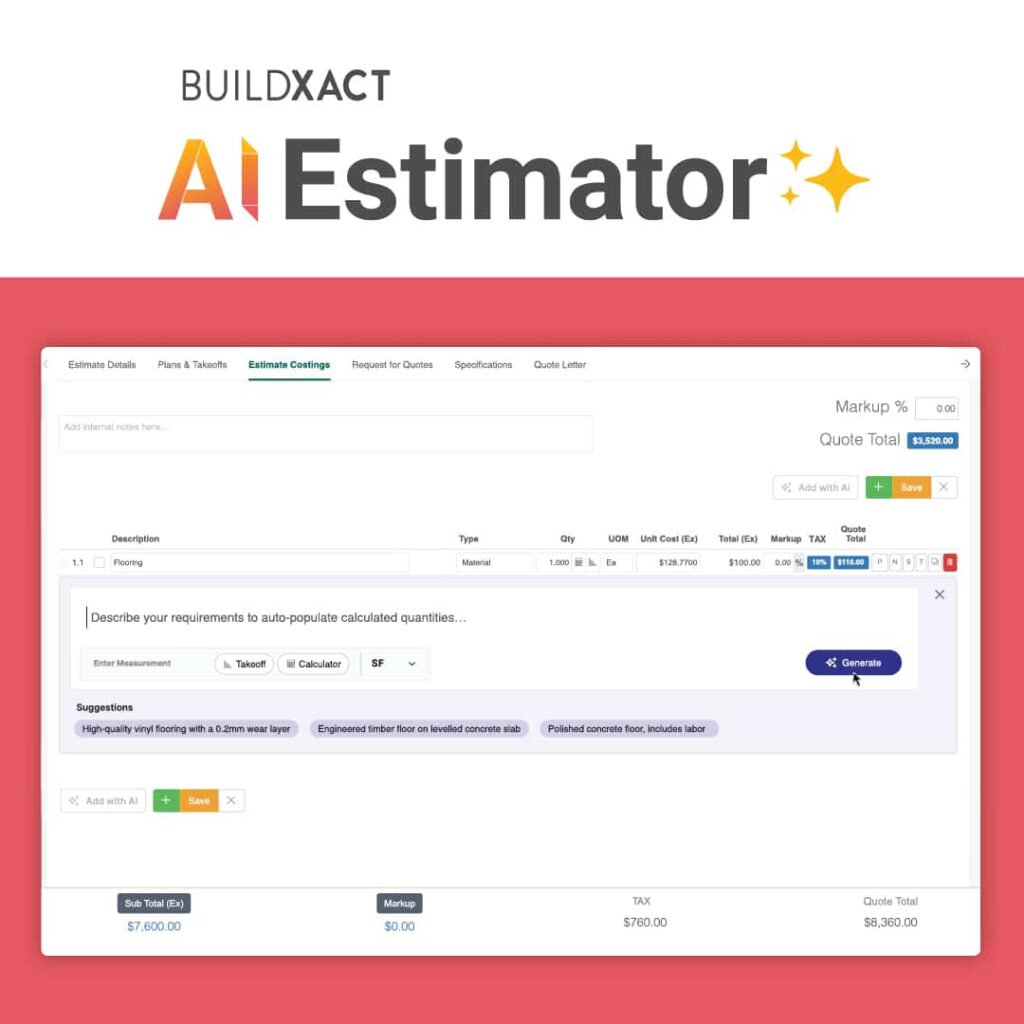 A screenshot of Buildxact’s AI Estimator feature