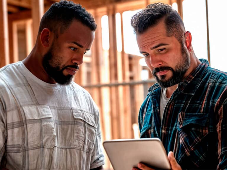 Two home builders on the job site check a mobile device