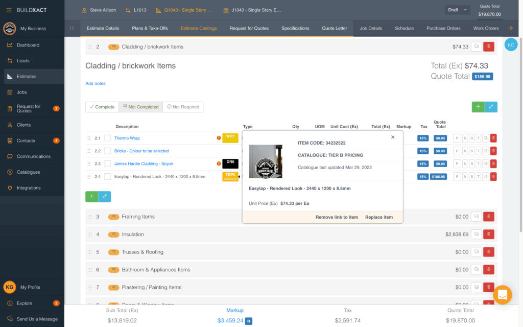 Shows a catalogue item in the Buildxact software