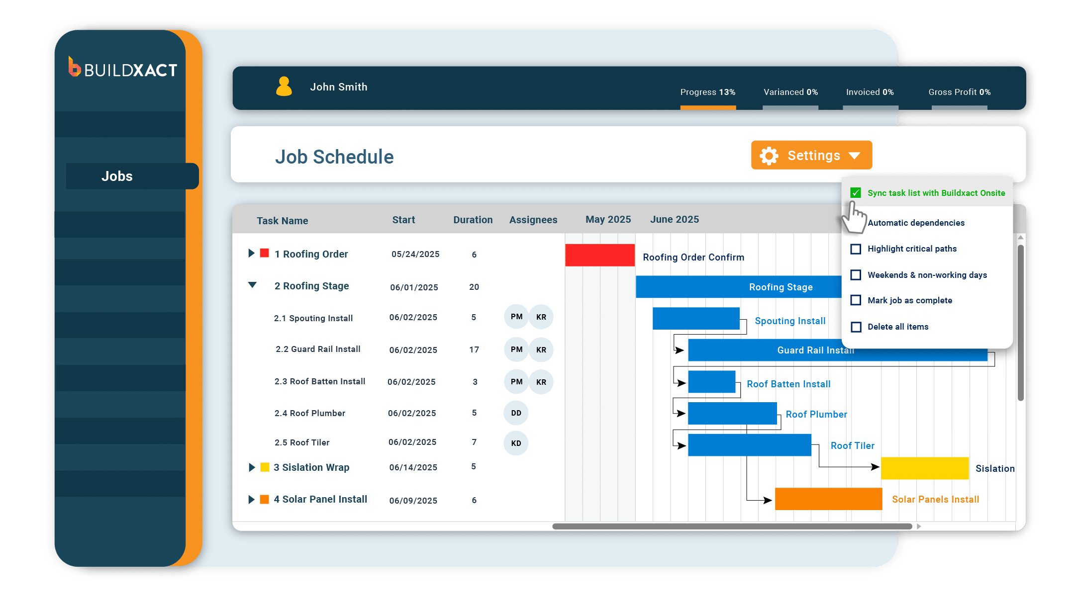 Buildxact job schedule feature showing project timelines