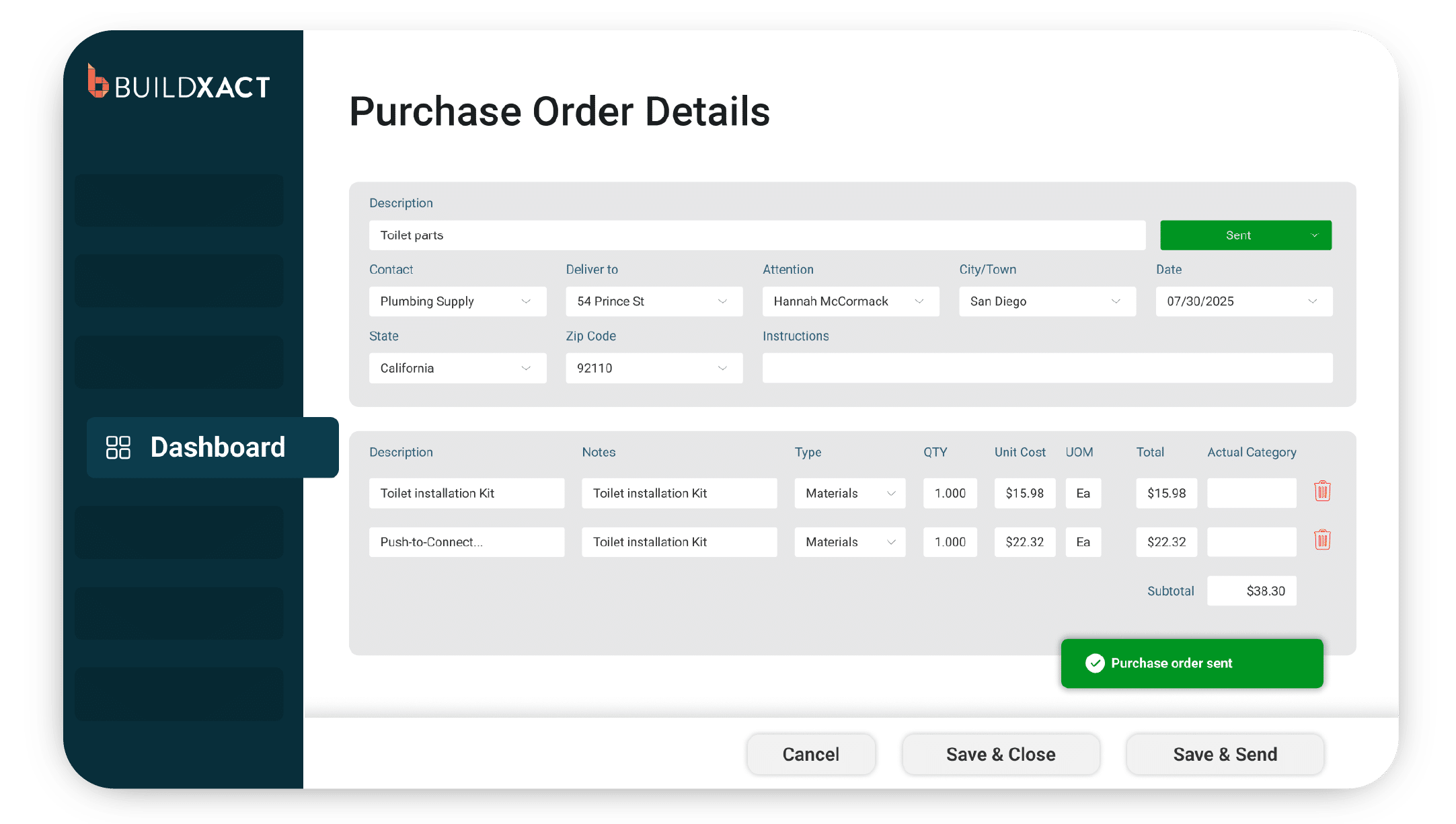 Buildxact software showing purchase order details