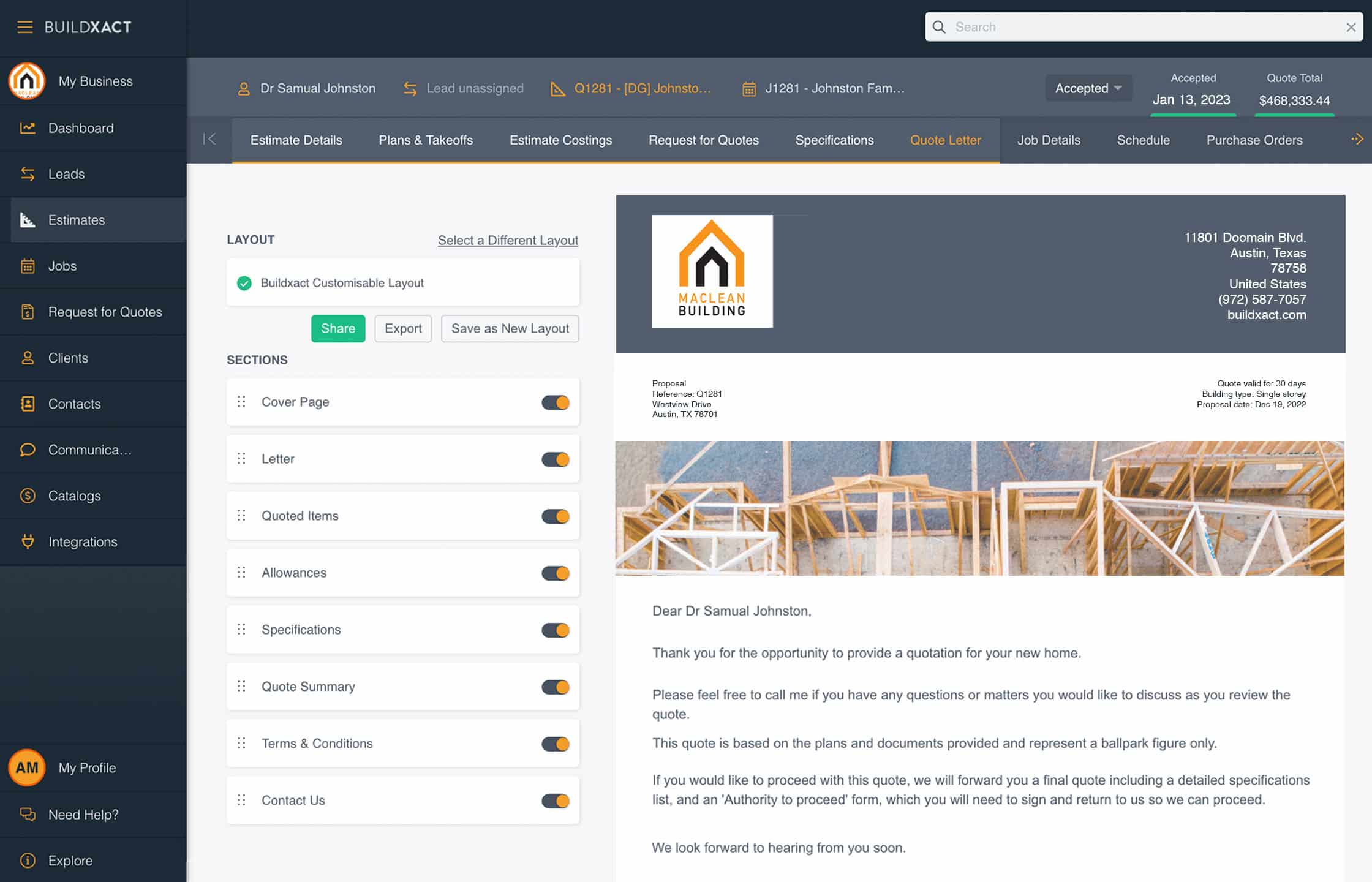 Buildxact view showing a quote letter