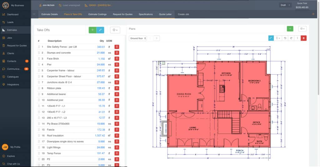 Buildxact Plans & Takeoffs tab showing a residential plan