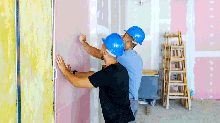 Two construction workers are installing drywall panels on an interior residential wall during a build or remodel