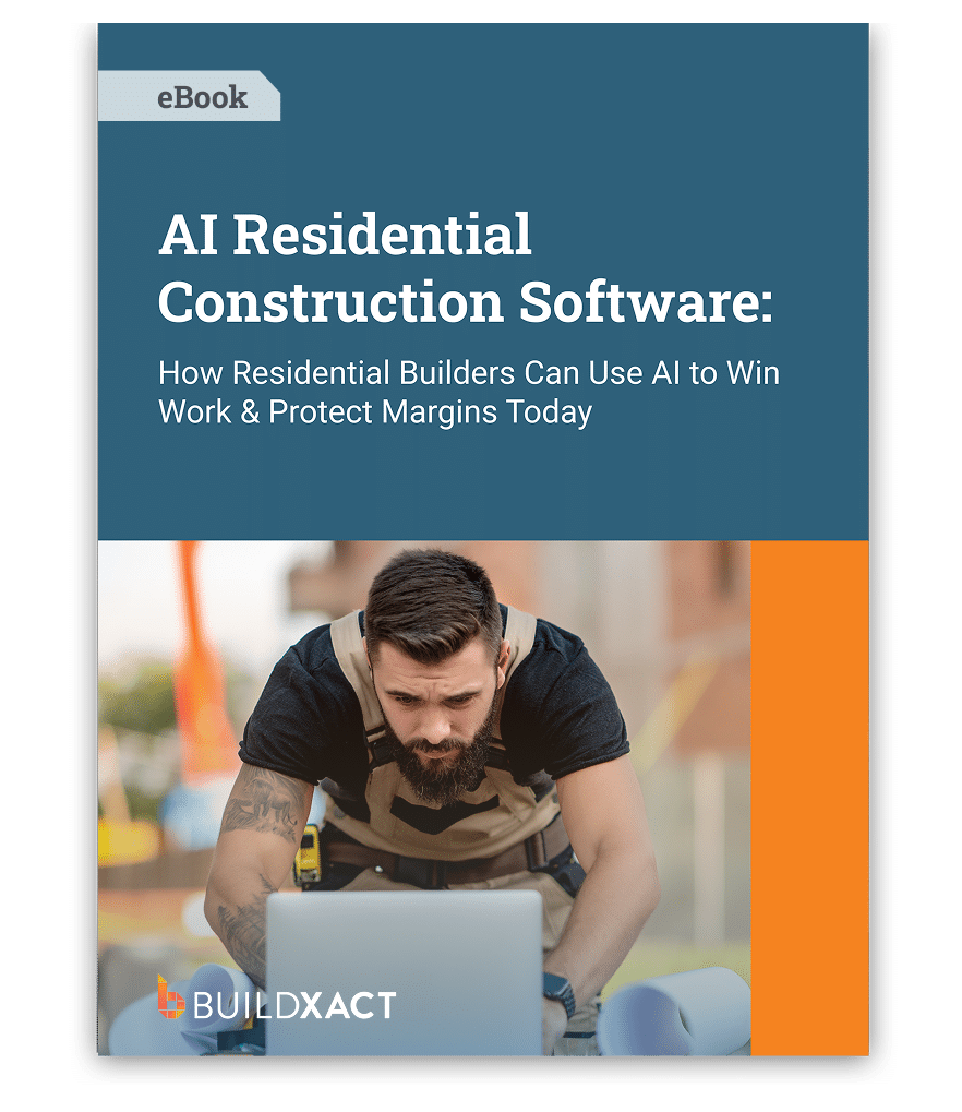 The cover of an eBook showing a builder working on his laptop from a job site.