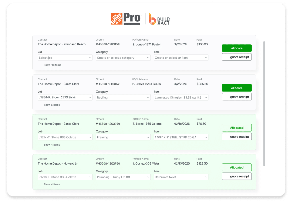 A Buildxact screenshot showing Home Depot material receipts
