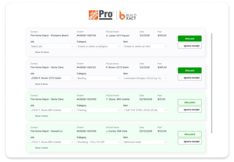 A Buildxact screenshot showing Home Depot material receipts