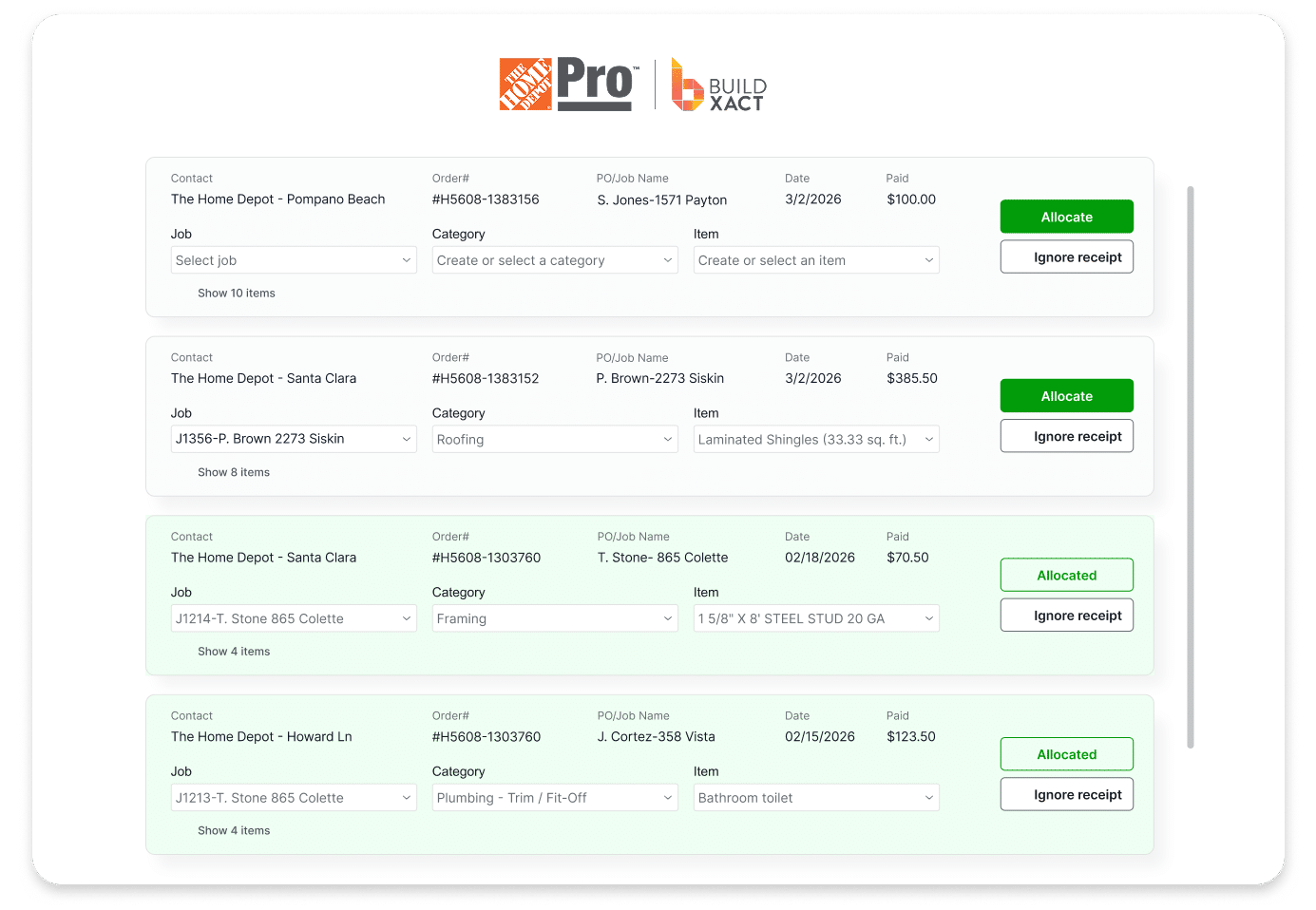 A Buildxact screenshot showing Home Depot material receipts