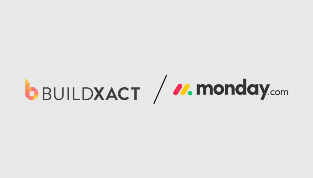 A graphic featuring the Buildxact and monday.com logos side-by-side