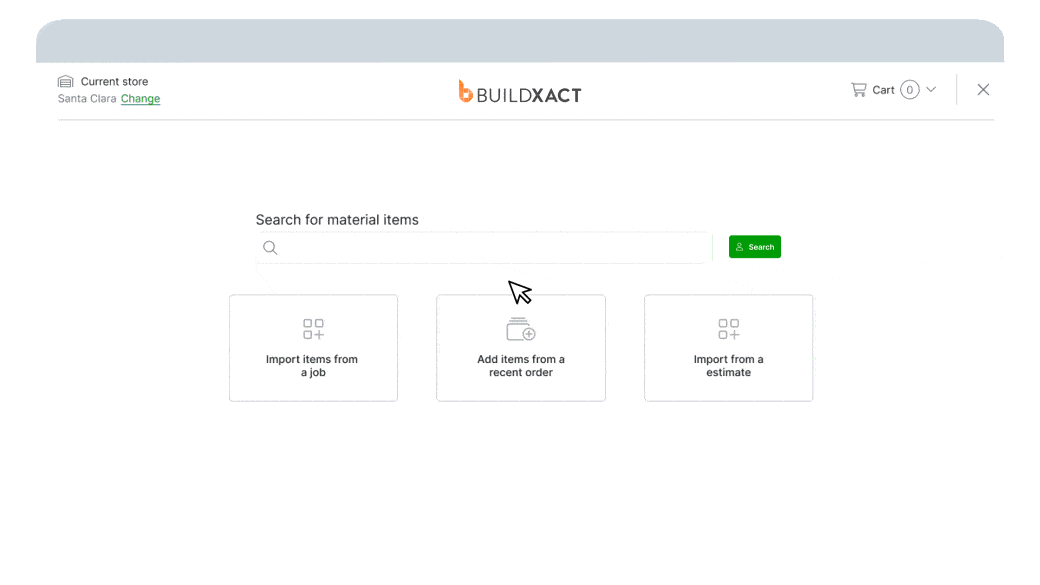 Buildxact interface showing material search bar with options to import items from a job, add items from a recent order, or import from an estimate, demonstrating dealer integration workflow.